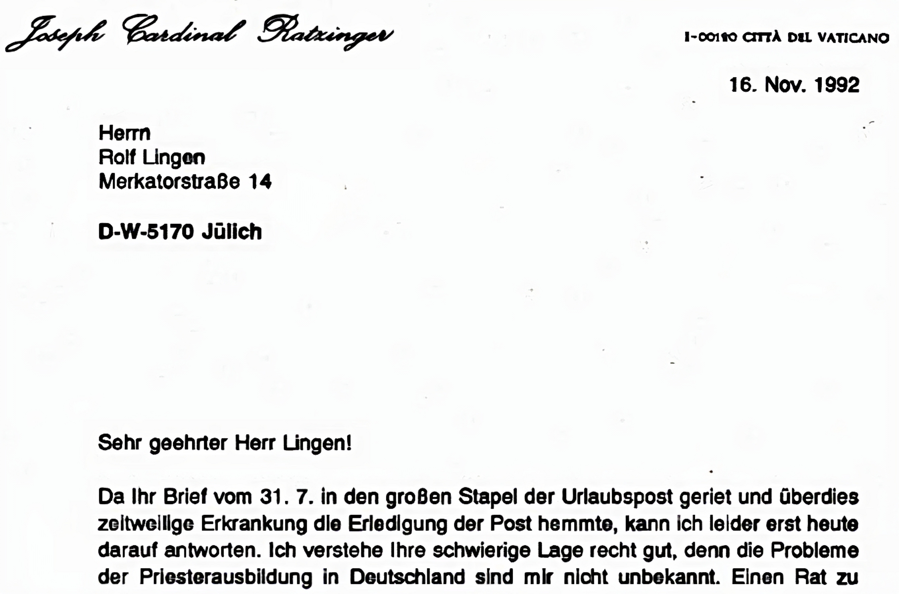 Josef Ratzinger Brief an Rolf
      Lingen 1992